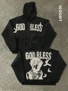 Men's Hooded Sweatshirt Knit Long Sleeve Fitted with Graphic Letter Print, God Bless Prayer Hands Design, Street Style, Fall & Winter Fashion, Casual Wear Outdoor, Letter Pattern Hoodies