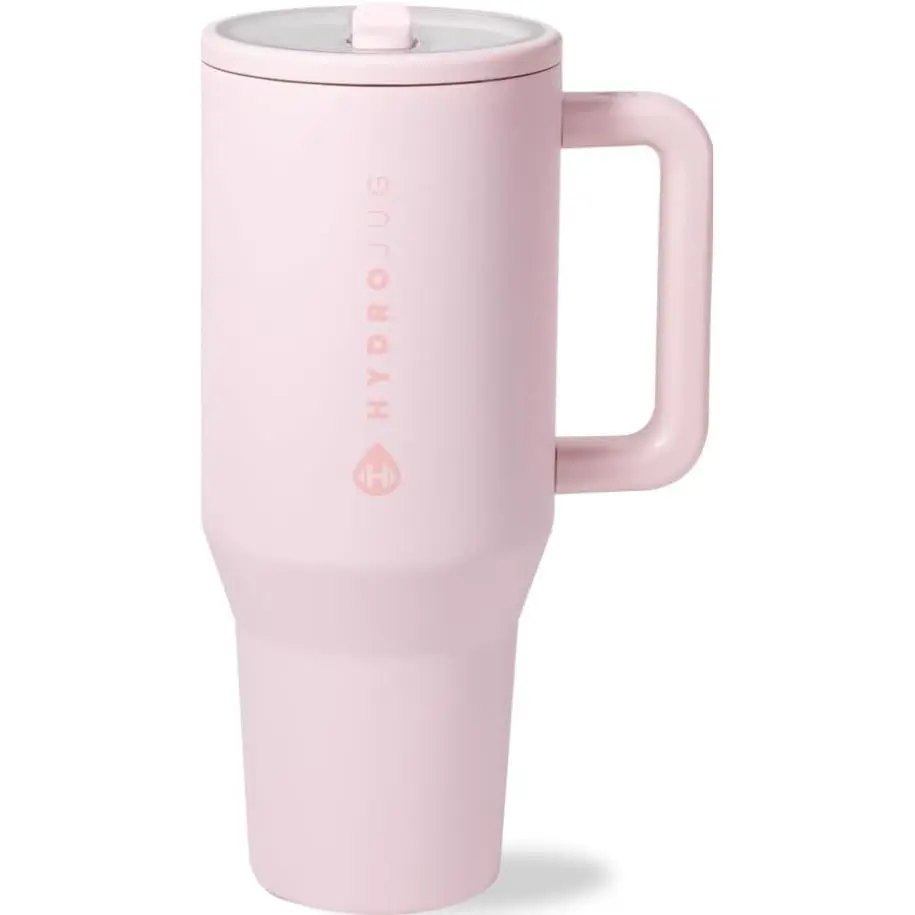 HydroJug Traveler 32 oz insulated stainless steel water bottle with ambidextrous lid, flip straw, non-slip rubber base, fits cup holders and is leak resistant, ideal for travel and outdoor activities