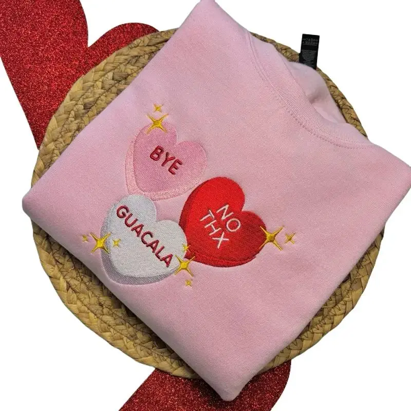 [Made in US] Pink Latin Inspired Guacala Candy Hearts Embroidered Sweatshirt for Valentine's Day Soft Comfortable Hoodie Pullover Women's Tops