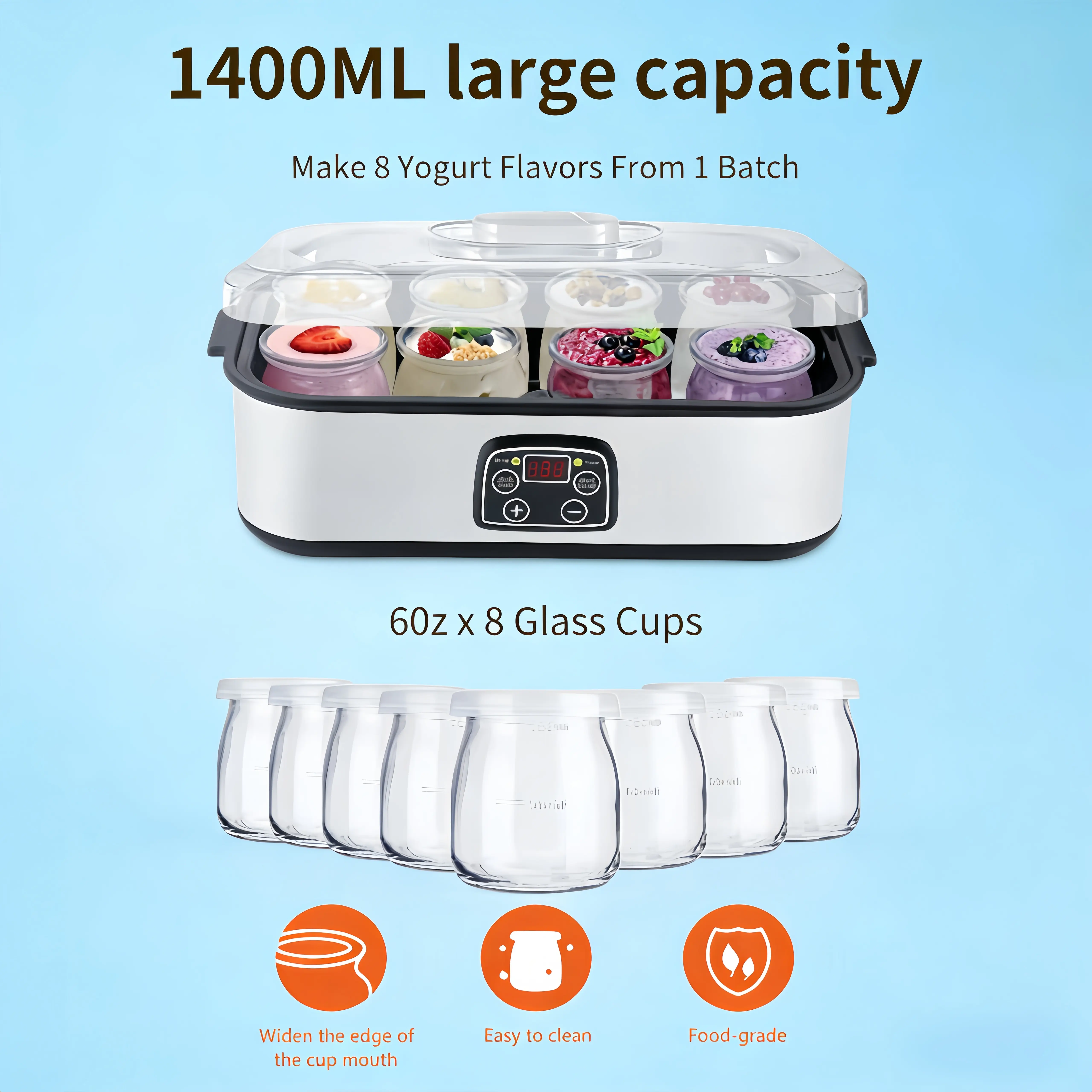 Custom Electric Yogurt Maker with 8 Glass Jars (60oz Total, 1400ML Large Capacity), Precise Temp Control for Yogurt Making & Accurate Temperatures