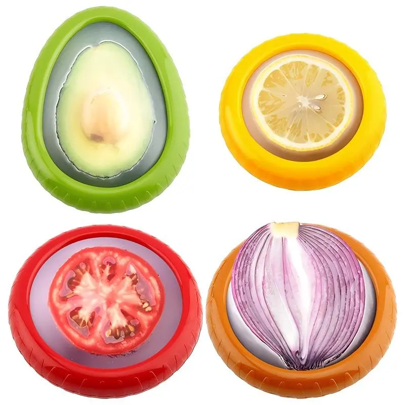 4-Count Silicone-Based Food Containers Set, Reusable Fruit & Vegetable Organizer for Kitchen & Refrigerator, Eco-Friendly Food Preservation Saver, Kitchen Utensils Accessory