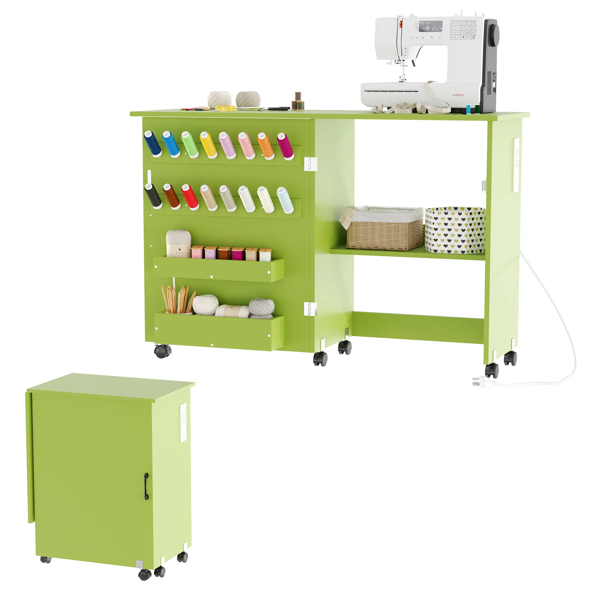Foldable Sewing Machine Table with Charging Station, Lockable Wheels, Storage Trays, Shelf & Magnetic Locks – Rolling Craft Table & Space-Saving Cabinet Desk for Small Spaces