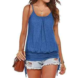 Goranbon Women Summer Tank Tops Casual Spaghetti Strap Banded Bottom Loose Camisole Side Shirring Lace Up Shirts