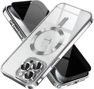 Magnetic for iPhone 14 Pro Case with Privacy Screen Protector & Full Camera Cover,[Non-Yellowing] Shockproof Clear Soft Phone Case Compatible with MagSafe Women Girls for iPhone 14 Pro,Silver