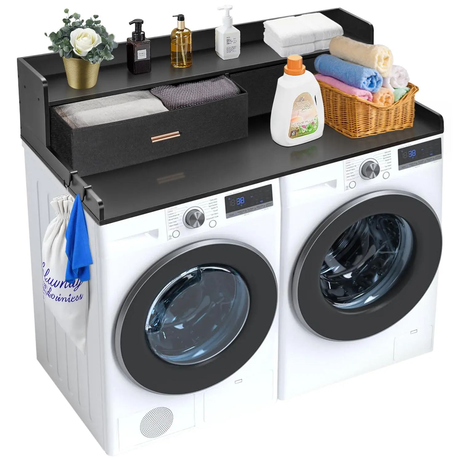 【Summerfinds】VEVOR Wooden Washing Machine Dryer Countertop, 54"x27" 2-Drawer Laundry Topper with 2-Tier Shelf, Non-Slip Pads, Water-Resistant for Laundry Room Organization, Black,dorm essentials,home essentials