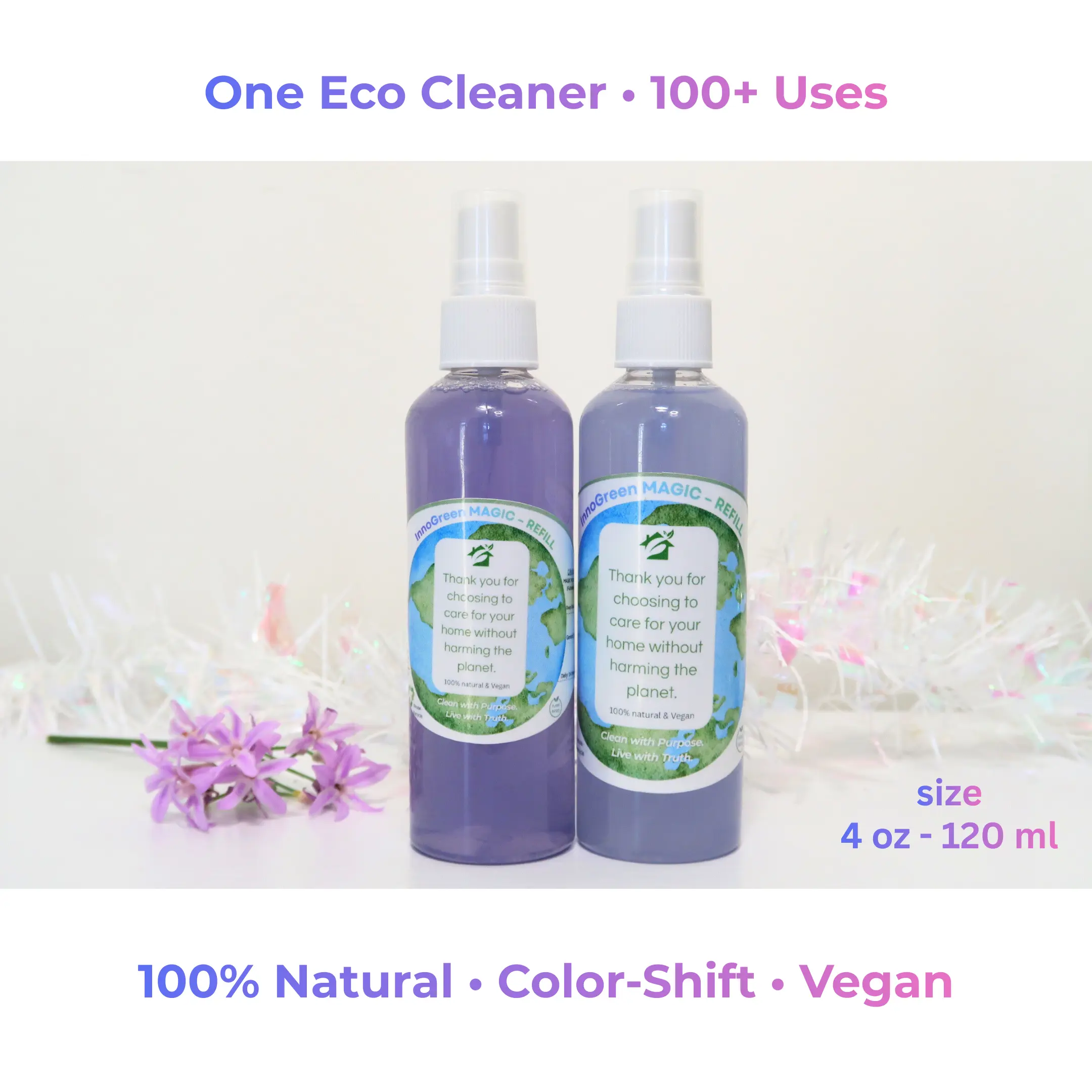 InnoGreen Magic EcoCleaning Multi-Purpose Cleaner 100+ Uses 4oz 120ml 100% Natural Vegan ColorShift Solar Active Technology Safe for Kids Families & the Planet