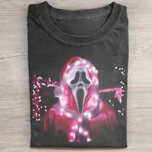 Vintage Pink Santa with Ghostface Mask Graphic Tee - Scream Movie Shirt - Santa Claus - Funny Merry Christmas Shirt - Horror Movie Shirt - Cute Xmas Shirt - Christmas Gifts - Holiday Humor Shirt - Winter Shirt