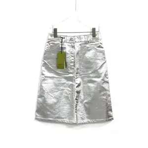 CALUXA- Gucci metallic silver leather midi skirt SIZE:42