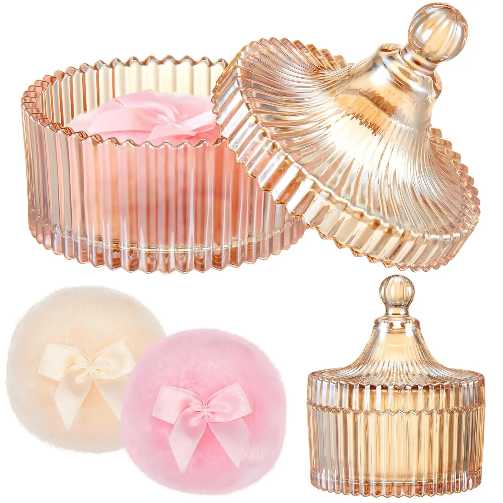 Retro Crystal Glass Dusting Powder Canister Set, 4" Large Body Powder Bottle with 2 Soft Puffs, Multi-Use Storage Holder for Bathroom & Bedroom, Elegant Home Supply Gift, Bottles