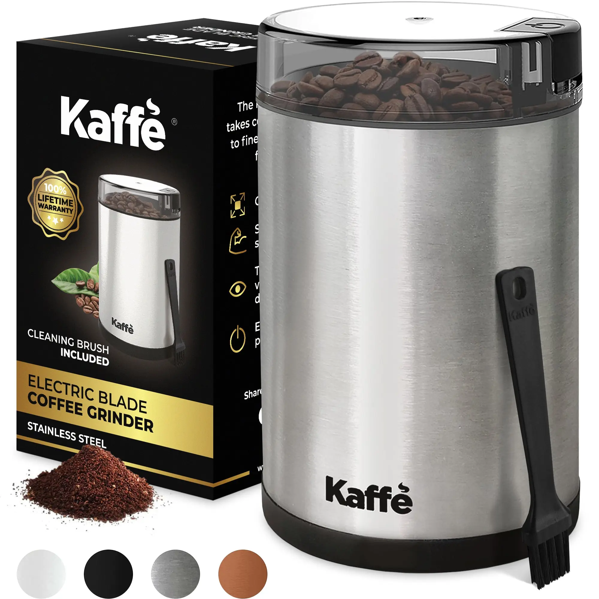 Kaffe Electric Blade Coffee Grinder - Includes Cleaning Brush, Perfect for Espresso, Herbs, Spices, 3.5oz, Stainless Steel