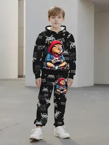Boys' Game Water Pig Pixel Art 3D Digital Print Hoodie Sweatpants Set, Casual Long Sleeve Slim Fit, Spring & Fall Fashion