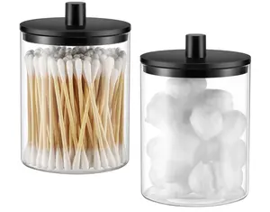 Glass Qtip Holder Dispenser - 10 oz Clear Canister Apothecary Jar, Bathroom Vanity Storage Organizer Set for Cotton Swabs, Pads, Floss Picks, Small Containers for Makeup Storage (2 Pack, Black)