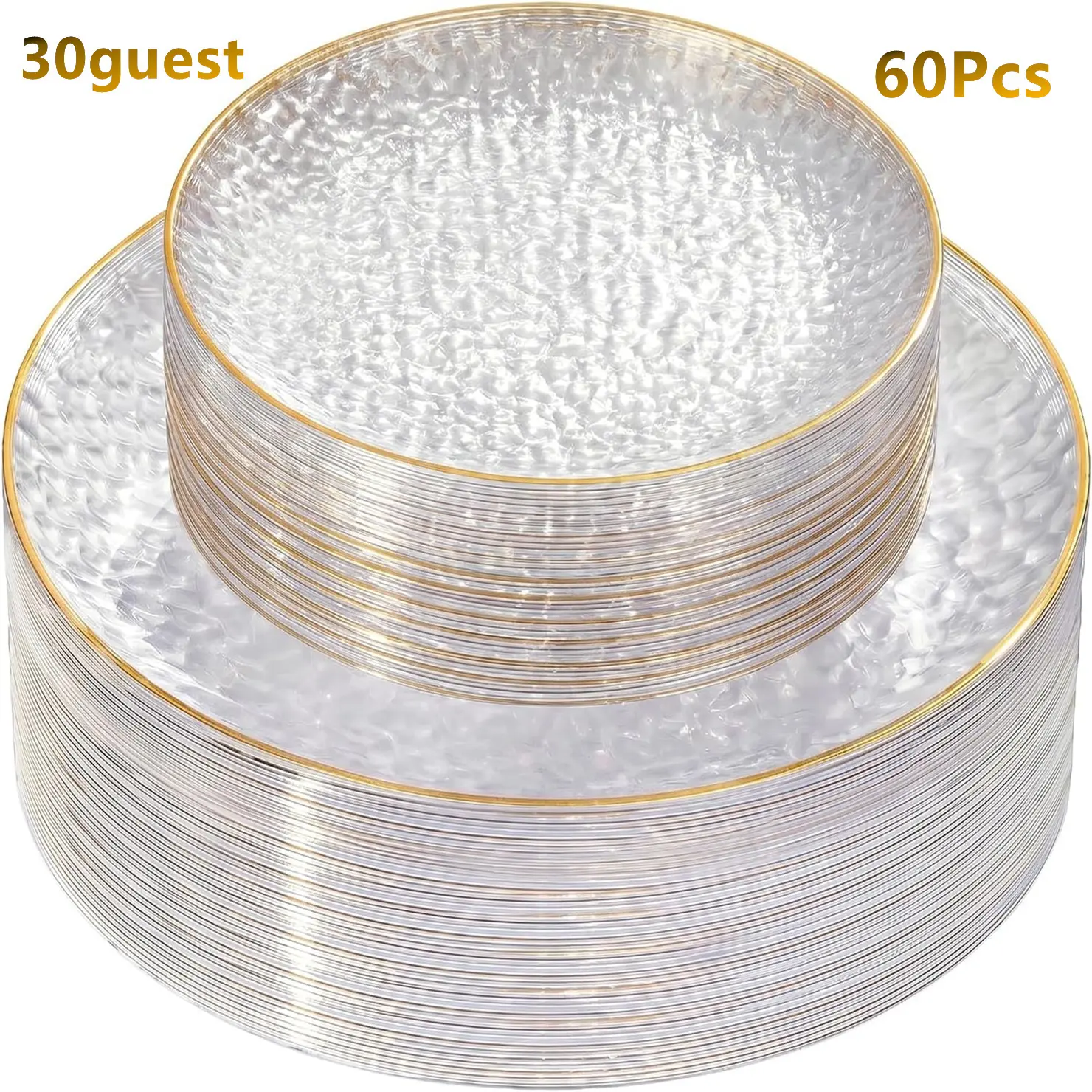 60Pcs Clear Plastic Plates,Clear Disposable Plates With Gold Rim,Heavy-duty Gold Plates,Hammered Party Plates Include Clear Dessert-Platos,Dinner-Platos for Wedding, Party