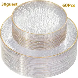 30GUE Clear Plastic Plates,Clear Disposable Plates With Gold Rim,Heavy-duty Gold Plates,Hammered Party Plates Include 30Clear Dessert-Platos,30Dinner-Platos for Wedding, Party