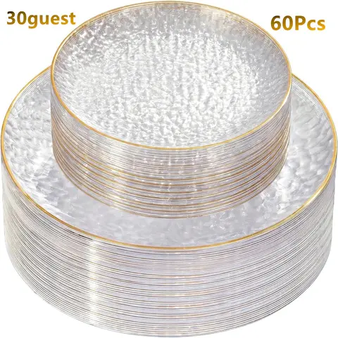 60Pcs Clear Plastic Plates,Clear Disposable Plates With Gold Rim,Heavy-duty Gold Plates,Hammered Party Plates Include Clear Dessert-Platos,Dinner-Platos for Wedding, Party
