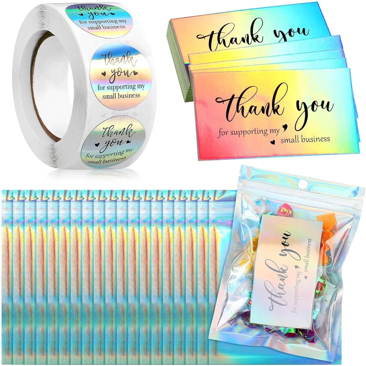 620 counts Thank Cards and Stickers Set Thank Gold Foil Stickers Thank for Supporting My Small Business Stickers with Resealable countaging Bag, Suitable for Business Owners(Holographic)