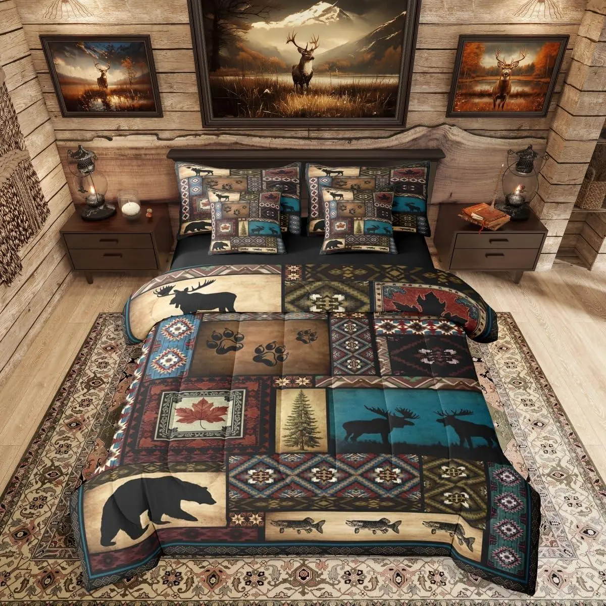 Feelyou 7-Piece Rustic Cabin Bedding Set - Aztec Print Hunting Bear Deer Themed Breathable Microfiber Decorative Bedsheet & Duvet Set, Bedsheet Sets