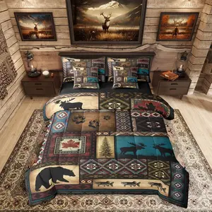 Rustic Cabin 7 Pieces Bedding Set,Hunting Bear Deer Bed Bagsouthwestern Aztec Bed Set,Includes Comfortersheet Set,Pillowcases  Bed Set