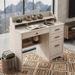 44 Inch Rustic Brown Computer Desk with 4 Drawers, Hutch and Open Shelf, Modern Wood Writing Study Workstation, Storage Laptop Desk for Small Space Home Office Bedroom Student, Multi Color Available
