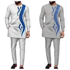 KaftanMen'sSuitPrintedTopTrousersAfricanEthnicCasualTraditionalCloth2PCSSuitsOutfitsWeddingWearFashionMaleSetsFormalLongSleeve