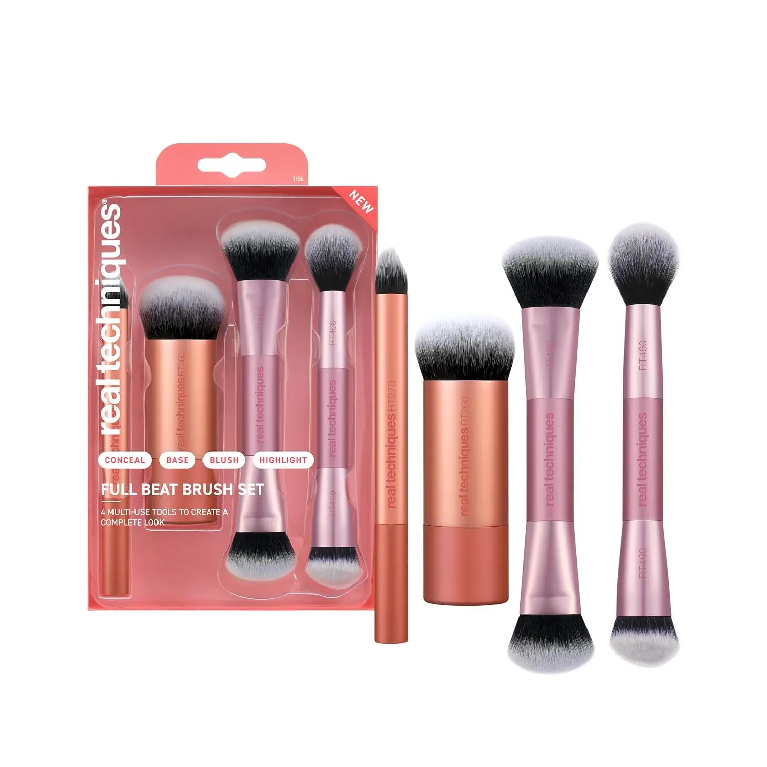 Real Techniques Full Beat Makeup Brushes Set, 4-Piece Make Up Brush Kit for Foundation, Concealer, Blush, Contour, Highlight & Powder Blending, Travel Set, Soft UltraPlush Bristles, Cruelty-Free
