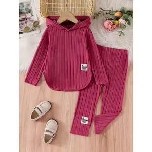 [Plush Striped Hoodie Set] New Plush Striped Fabric Hoodie Long-Sleeve Top And Pants Set for Baby Girls in Spring And Autumn, for Outdoor