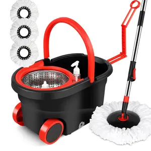 Black/Red Spin Mop and Bucket Set with Wring System Set Bucket with Wheels Extendable Handle 3pcs Microfiber Replacement Mop Heads for Garden Cleaning