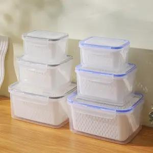 Double-layer thickened storage box with drain basket, fruit and vegetable draining box, refrigerator refrigeration storage box, set of 6