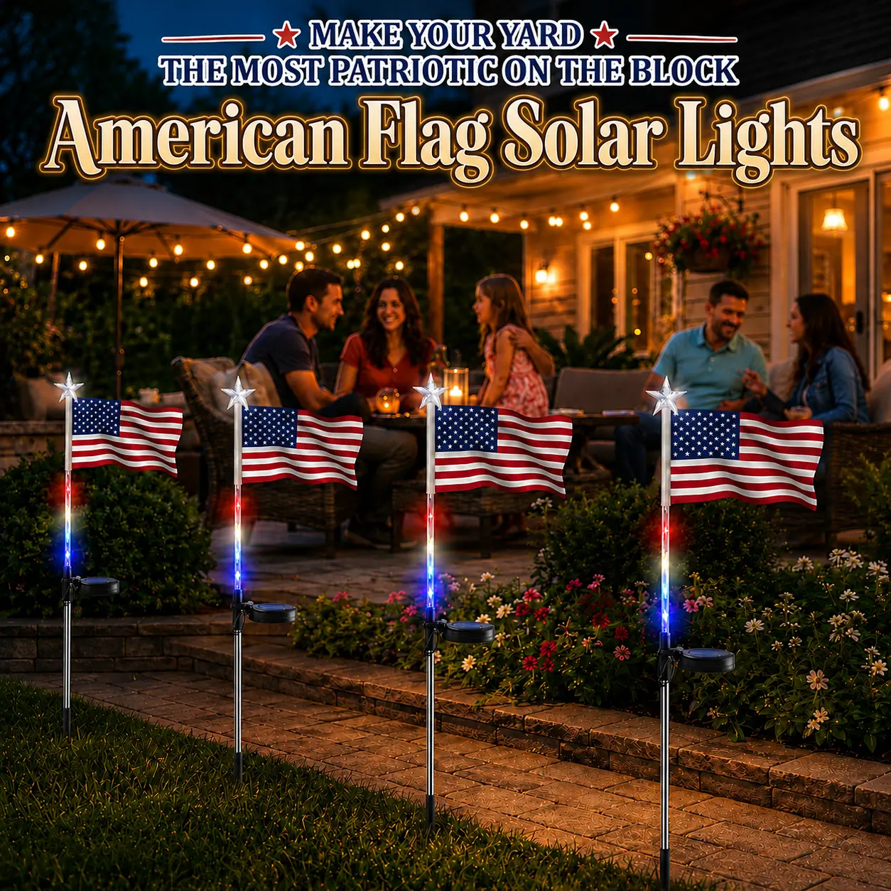 4-Pack Solar American Flag Garden  light outdoor patio decor  Stake Lights, IP65 Waterproof Patriotic LED Star Lights with Independent Solar Panel, Red White Blue decorative Pathway decoration , Lawn realistic nighttime auto dusk-to-dawn glow lamp