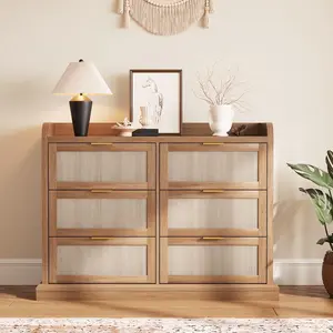 6 Drawer Dresser for Bedroom,47.2" Rattan Chest of Dressers with Ample Storage,Boho Chest of Drawers,Wooden Dresser Chest with Golden Handles,Beside Table for Living Room/Closet/Bedroom(Brown)