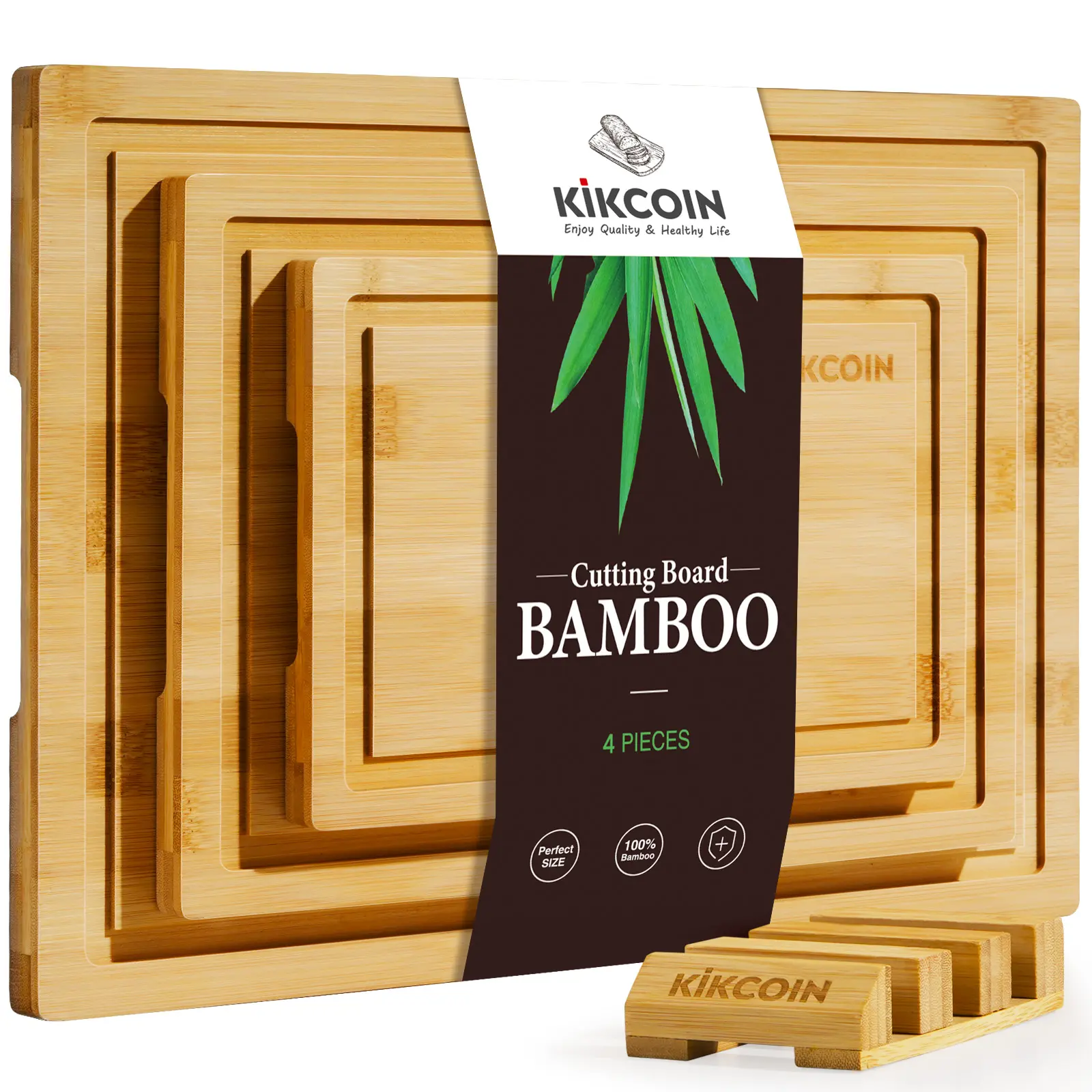 4-Piece Extra Large Bamboo Cutting Boards with Storage Stand, Kitchen Gadgets with Juice Grooves, Knife-Friendly, Invisible Handles, Multifunctional Chopping Boards, Ideal Gift for Family, Friends,Mother's Day,Halloween Christmas Non-slip Chopping Board t