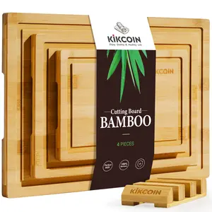 4-Piece Extra Large Bamboo Cutting Boards with Storage Stand, Kitchen Gadgets with Juice Grooves, Knife-Friendly, Invisible Handles, Multifunctional Chopping Boards, Ideal Gift for Family, Friends,Mother's Day,Halloween Christmas Non-slip Chopping Board