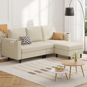 Upholstered Sectional Sofa and Couches, 78'' L Shaped 3-seat Sofa for Living Room, Apartment, Lounge,Bedroom-Washable Covers Convertible Sofas(Linen Fabric, Beige)