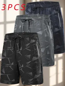 Pack of 3 men’s printed shorts with drawstring and zippered pockets—casual, fashionable summer athletic beach shorts that are quick-drying and breathable; an ideal gift for men and suitable as a holiday present.