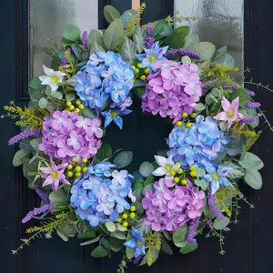 24 Inch Spring Summer Wreaths for Front Door - Blue & Purple Hydrangea Spring Door Wreath, Monet-Inspired Floral Decor with Hydrangea and Clematis for French Country, Spring and Summer, Indoor Outdoor