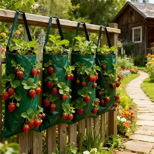 6Pcs Hanging Strawberry Planter Bags, 8 Holes Wall Mounted Vertical Plant Growing Bags, Foldable Reusable Plastic Planters for Balcony Patio Garden Fence Vegetables Flowers, Reusable Planting Bag