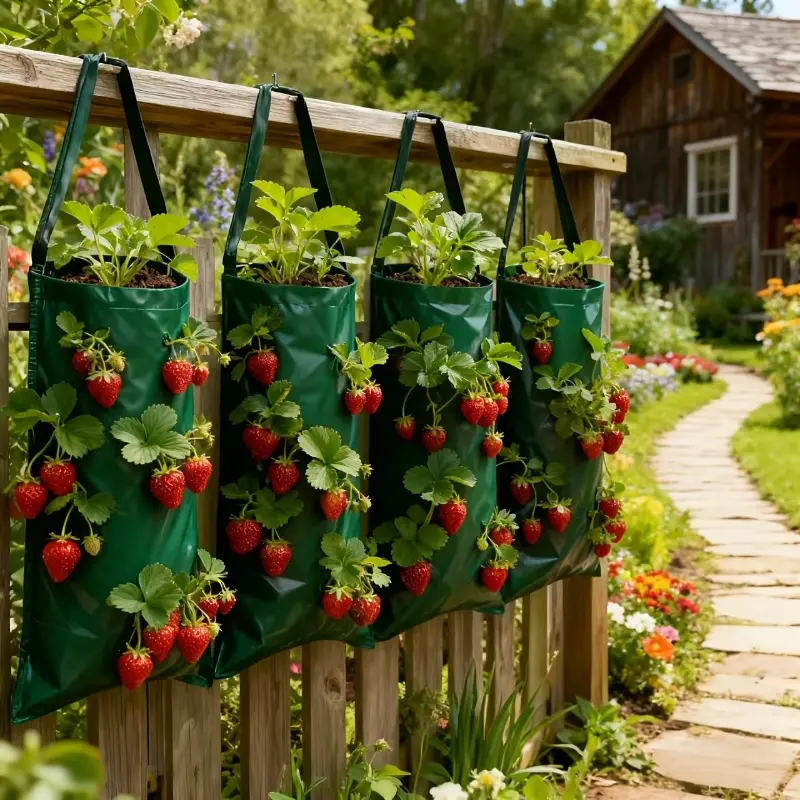 6Pcs Hanging Strawberry Planter Bags, 8 Holes Wall Mounted Vertical Plant Growing Bags, Wall Planters for Outdoor Plants, Foldable Reusable Plastic Planters Outdoor Hanging Planters for Balcony Patio Garden Fence Vegetables Flowers, Reusable Planting Bag