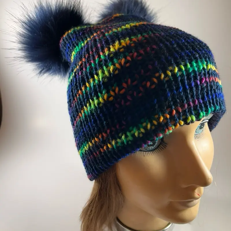 Knitted Beanie Navy and Neon Rainbow with 2 Pom Poms