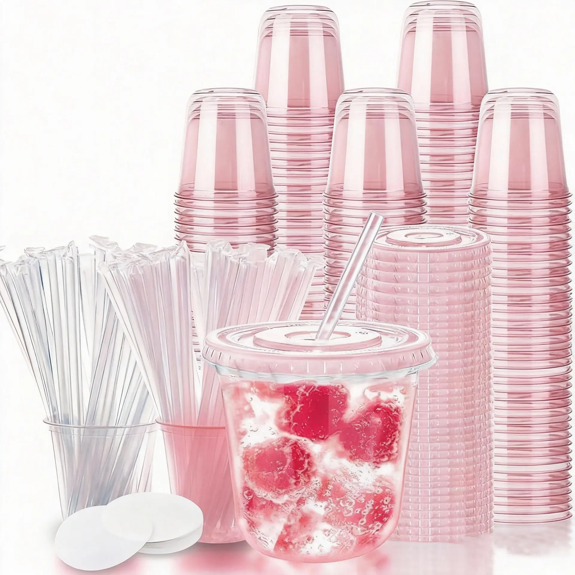16oz 100-Pack Disposable Transparent BPA-Free Plastic Iced Coffee Cups with Lids and Straws, Sturdy Cups for Parties, Picnics (Home, Festive & Party Supplies),summerwins,beachessentials,campingessentials