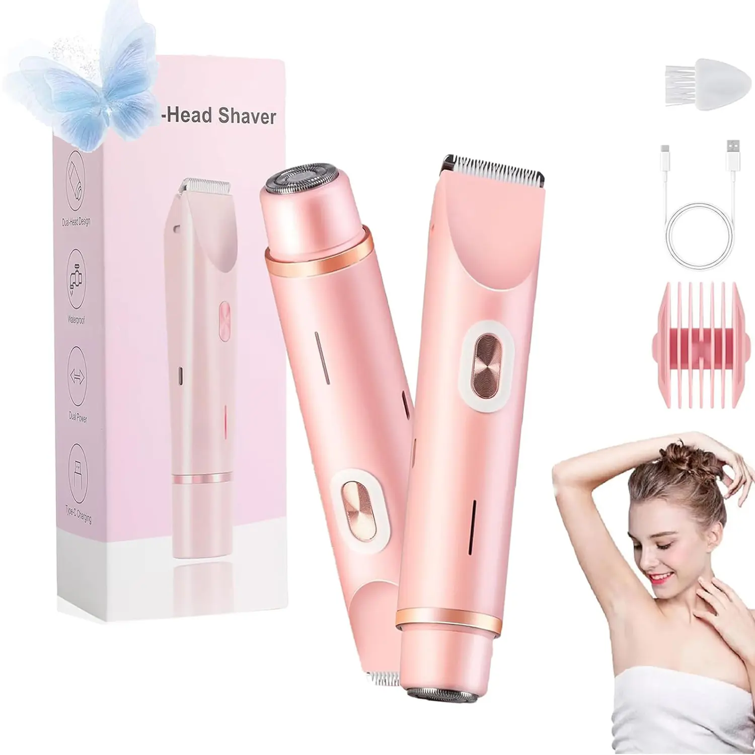 Bikini Trimmer for Women, Intimate Pubic Trimmer, Wireless Hair Trimmer, Electric Shaver and Razor Rechargeable 2-in-1 Dual Head Cordless Charging Trimmer Body and Facial Hair Removal for Painless Trimming of Pubic Face Underarm Legs