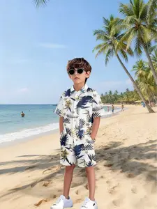 Tropical Palm Tree Print Boys' Short Sleeve Shirt Set, Summer Casual Breathable Two-Piece, Loose-Fitting Graphic Clothing Beachwear