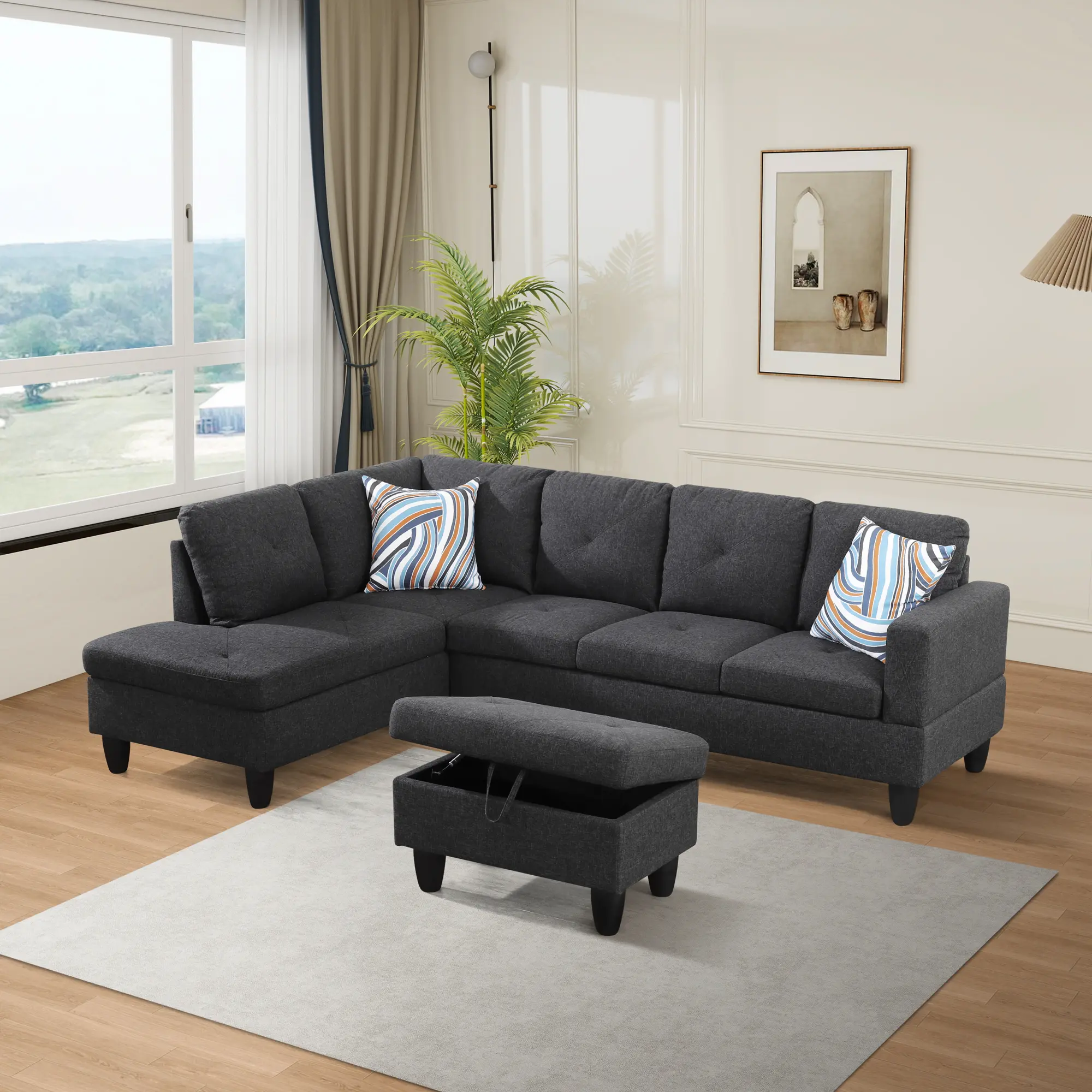 3-Piece Cozy Combination Sofa Set, 66.5-Inch Modern 2-Seat Sturdy Dark Grey Cotton Flannel Upholstered Couch with Fixed Arms, Pre-Assembled Indoor Furniture for Small Apartments & Bedrooms