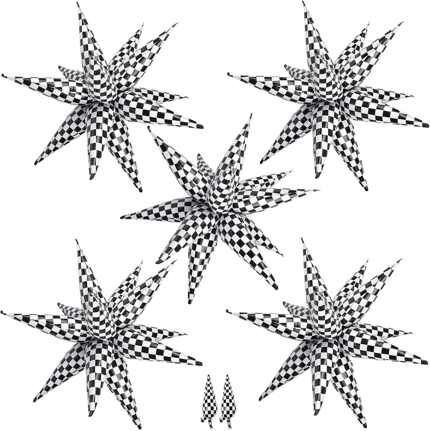 62Pcs Checkered Star Balloons 12 Spike Explosion Foil Balloon for Racing Themed Birthday Party Decorations, Black and White