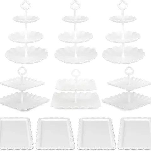 3 Two-Tier Cupcake Stands + 3 Three-Tier Cupcake Stands + 4 Appetizer Trays Plastic Tiered Serving Stands, Dessert Tower Trays for Tea Parties, Parties and Weddings Decoration Christmas Ornaments Smooth