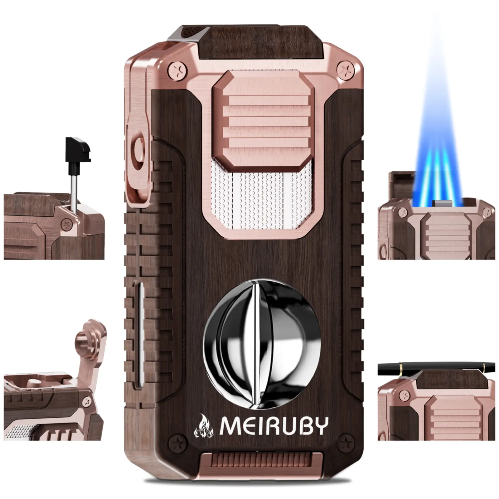5-in-1 Butane Torch Lighter, Refillable Jet Flame Lighter with V-Cutter, Punch, Holder and Draw Tool, Multi-Functional Accessories Gift for Men, Dad, Husband, Friend
