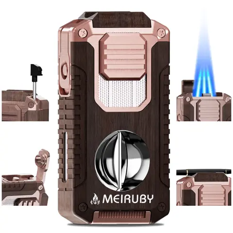 5-in-1 Butane Torch Lighter, Refillable Jet Flame Lighter with V-Cutter, Punch, Holder and Draw Tool, Multi-Functional Accessories Gift for Men, Dad, Husband, Friend