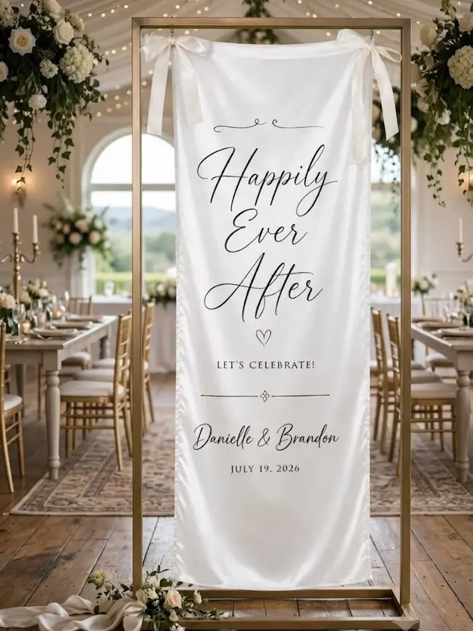 Happily Ever After Fabric Wedding Welcome Sign, Custom Fairytale Wedding Banner, Rustic Reception Fabric Decor, Elegant Reception Decor Gift