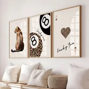 3pcs/set, Vintage Leopard Cheetah Prints, Leopard Printed, Leopard Camouflage Print, Leopard Print Pattern, 8 Pool Ball Lucky Trendy Wall Art, Canvas Posters, Chic Luxury Home Decor, Artwork For Living Room, Bedroom, Hallway, Dorm, Unframed, Artistic