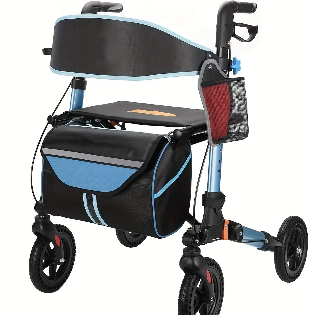 Lightweight Foldable All-Terrain Rollator Walker for Seniors - Aluminum Frame, 8-Inch Rubber Wheels, Seat, Handles, Backrest (Blue)