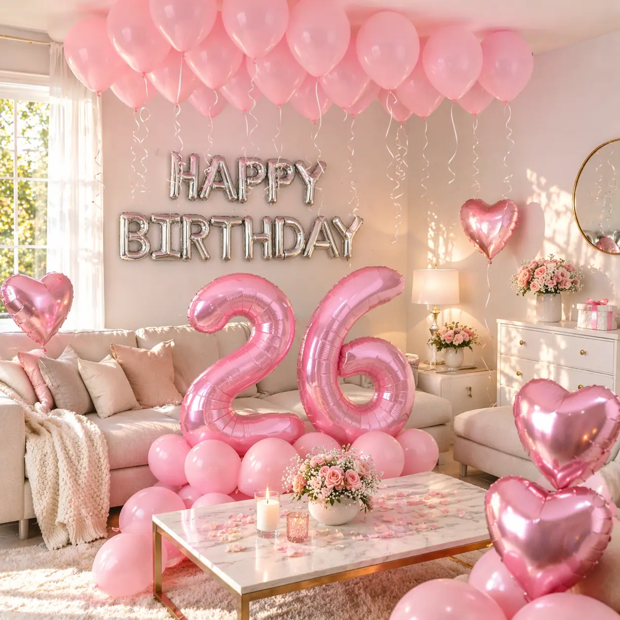 Metallic Pink-Silver Birthday Party Balloon Decorations Set - Foil Number Balloons, Floral Rose Petals for Home Celebrations, Room Backdrop, Photo Props